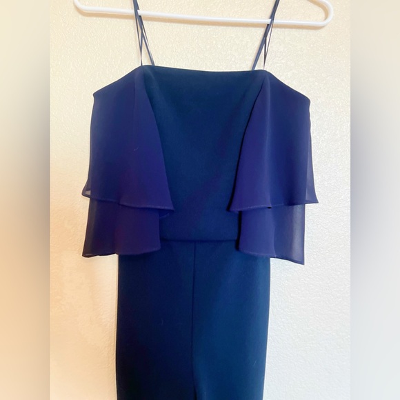 Halston Heritage- Navy Strapless Flowy Chiffon & Crepe Jumpsuit - Picture 4 of 5